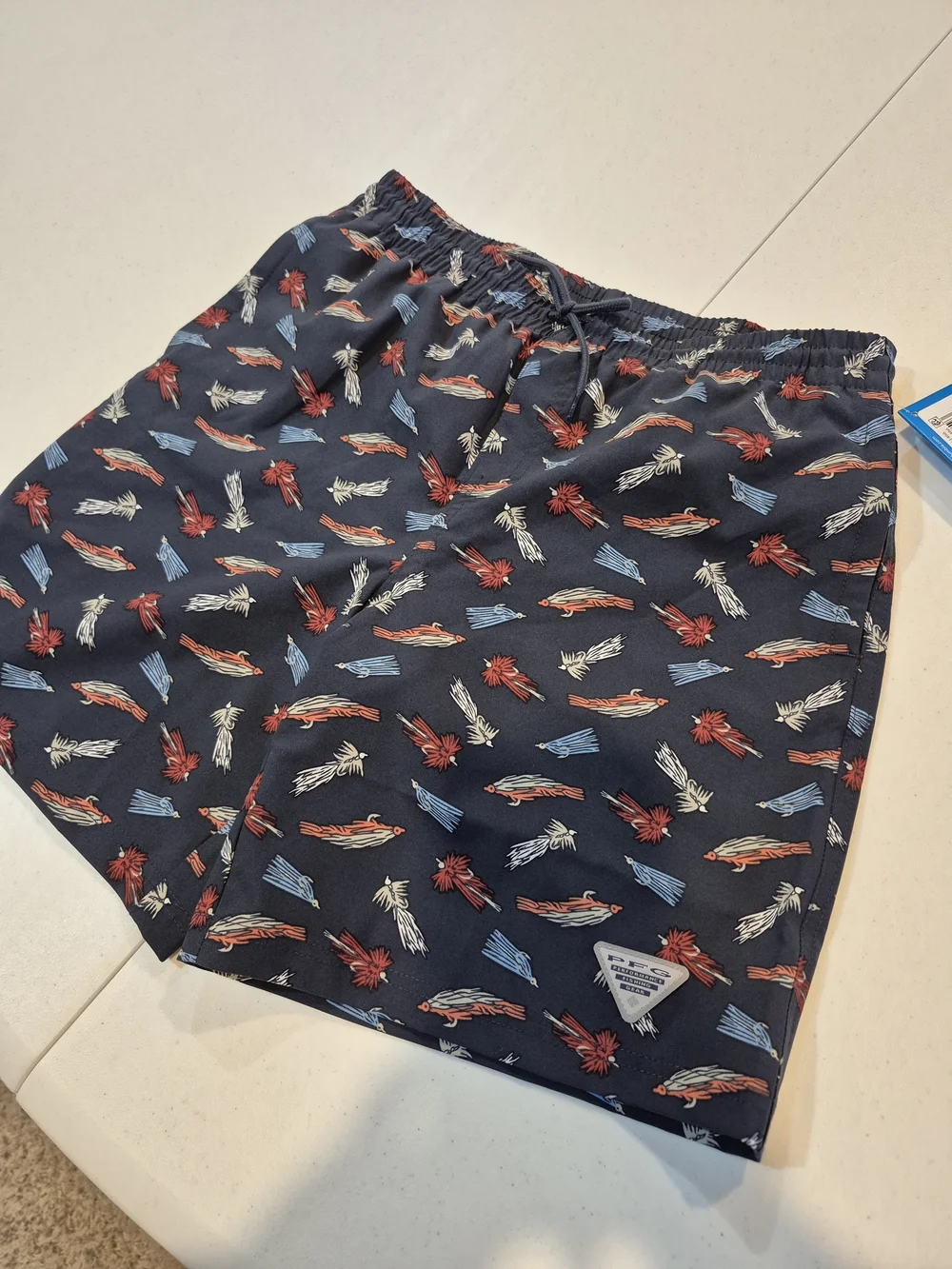 Boys Navy Fly Fishing Print Swim Trunks with Elastic Waist and Drawstring 4815